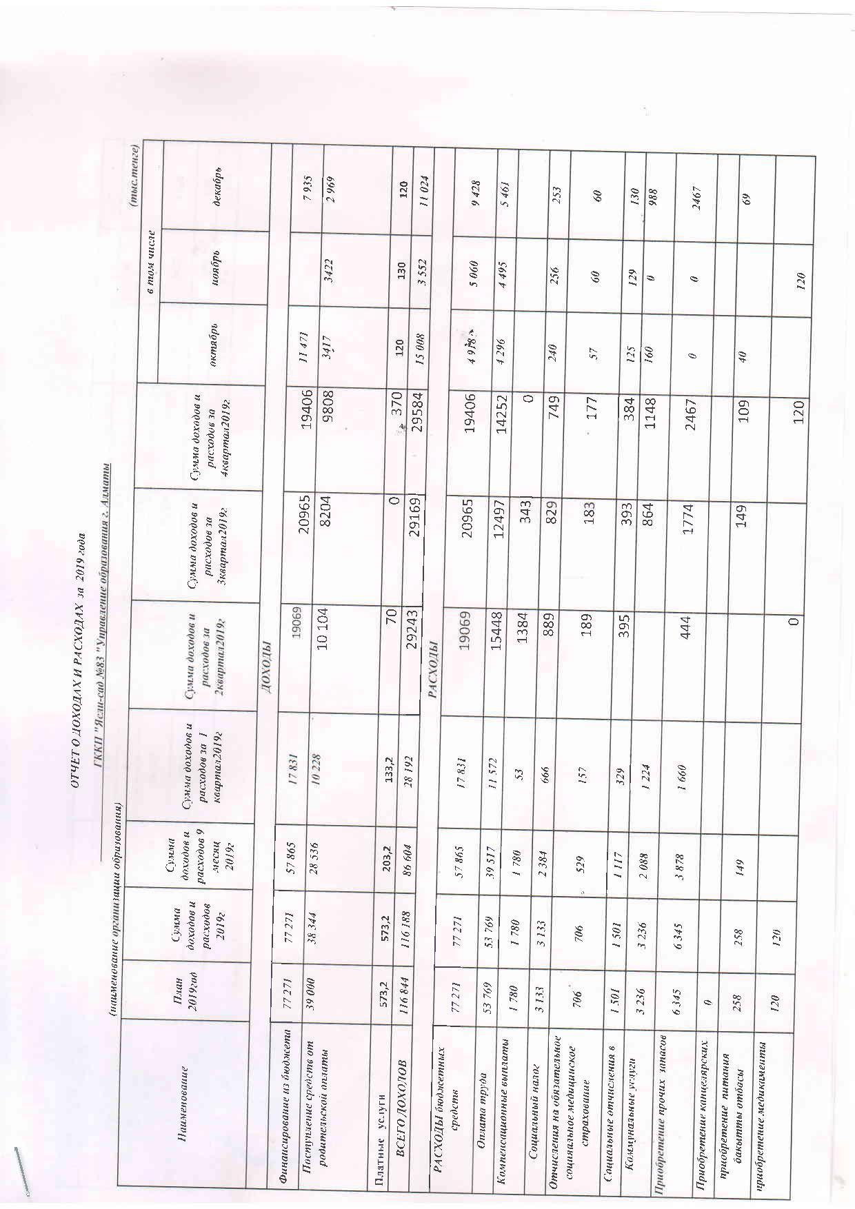 Отчет о доходах и расходах за 2019г